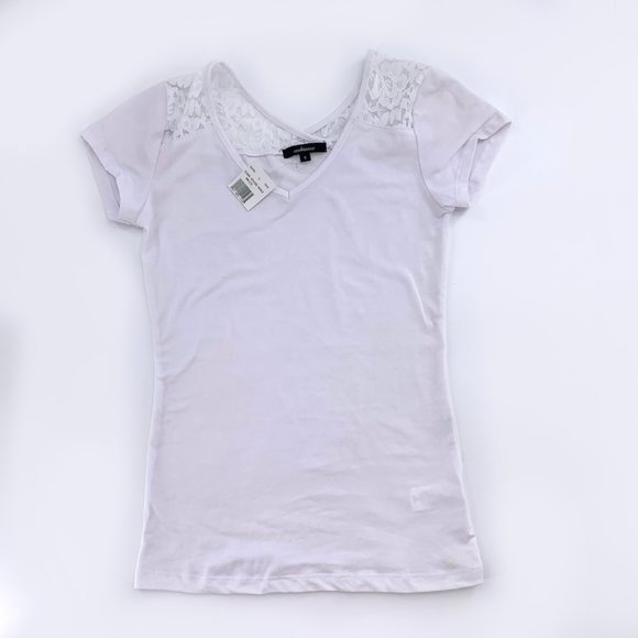 2 Brand New Tops Basic White Lace Shirt & Polka Dot Ruffle Ruched Ivory Top - Picture 3 of 14